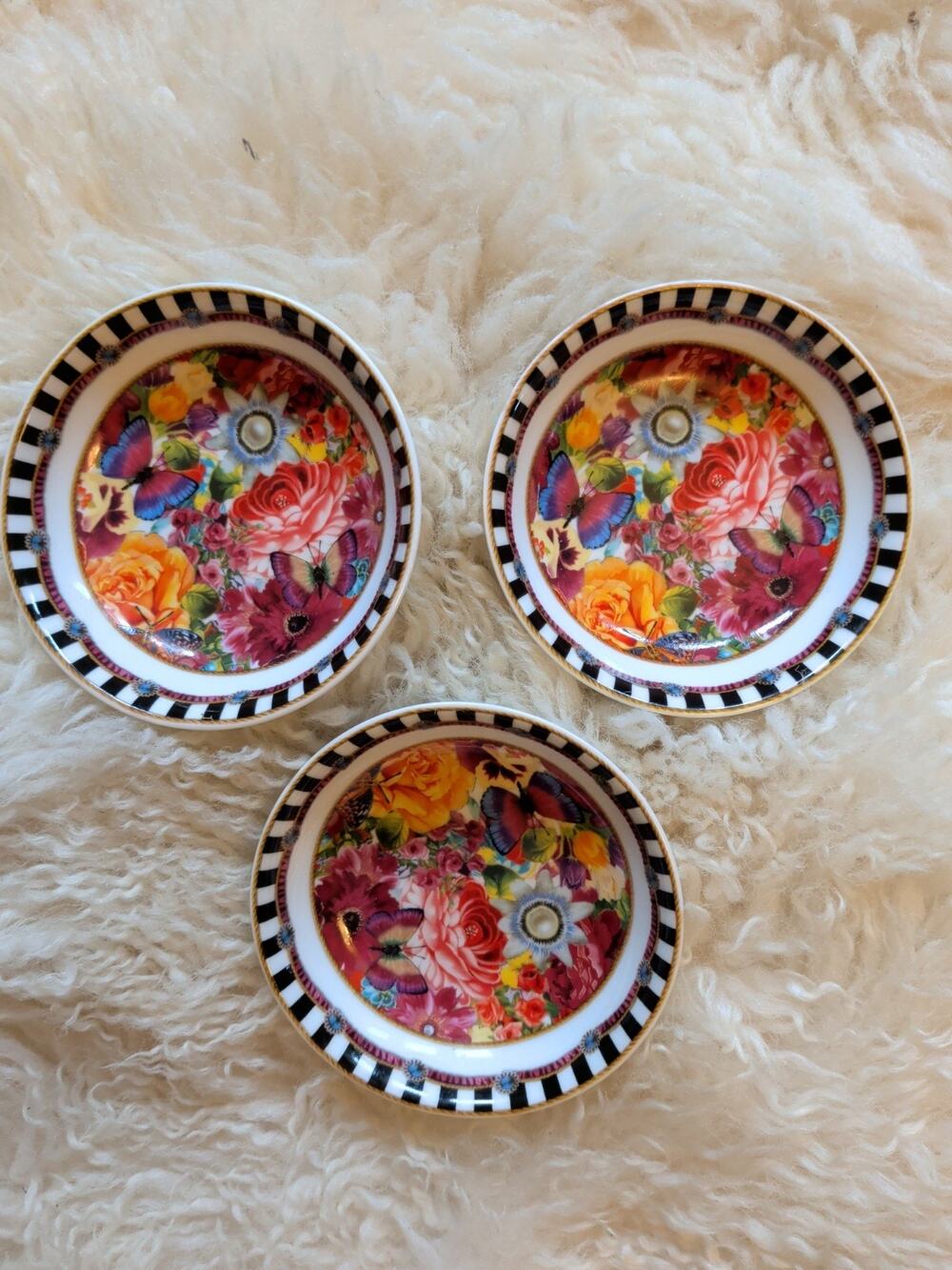 Lenox Melli Mello Eliza Stripe Floral Butterfly Porcelain Dipping Bowls Set of 3